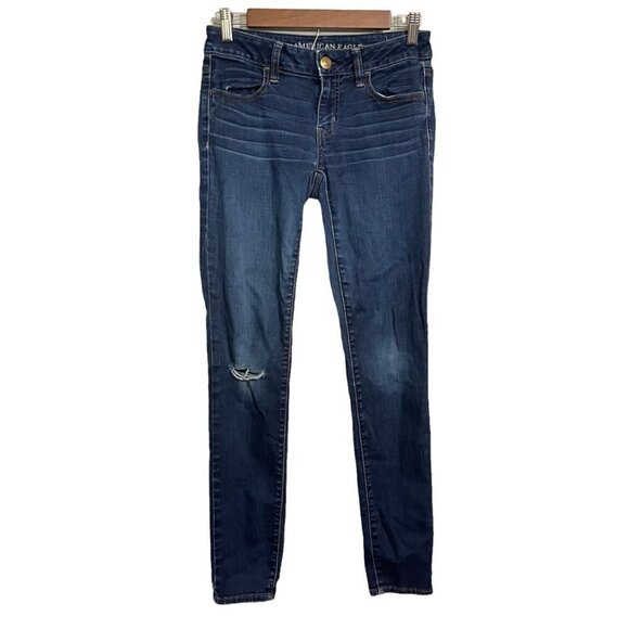 American Eagle Womens Dark Y2K Low Rise Distressed Super Stretch Jegging Jeans 4 - Picture 1 of 9